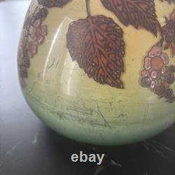 Ancien Vase En Verre Émaillé Jem (joseph Mure) Décor Floral En Relief
