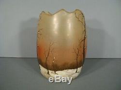 Ancien Vase Signé Legras Style Art Nouveau En Verre Peint Émaillé Décor Hivernal