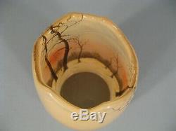 Ancien Vase Signé Legras Style Art Nouveau En Verre Peint Émaillé Décor Hivernal