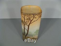 Ancien Vase Style Art Nouveau En Verre Peint Émaillé Décor Lacustre Signé Legras