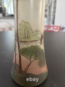 Ancien Vase Style Legras Verre Givré Émaillé Décor Paysage Lacustre