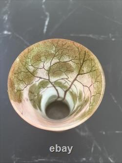 Ancien Vase Style Legras Verre Givré Émaillé Décor Paysage Lacustre