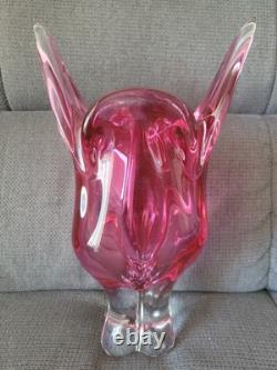 Ancien Vase Tête De Chat En Cristal De Bohême Rose Parme Vintage