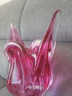 Ancien Vase Tête De Chat En Cristal De Bohême Rose Parme Vintage