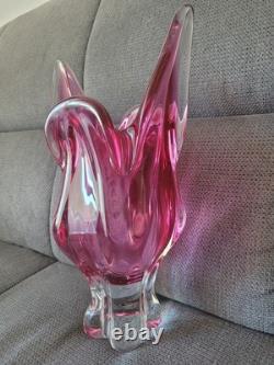 Ancien Vase Tête De Chat En Cristal De Bohême Rose Parme Vintage