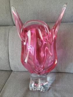 Ancien Vase Tête De Chat En Cristal De Bohême Rose Parme Vintage