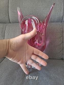 Ancien Vase Tête De Chat En Cristal De Bohême Rose Parme Vintage