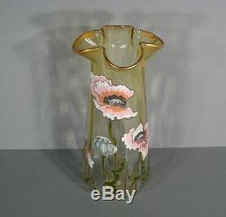 Ancien Vase Verre Émaillé Style Art Nouveau Décor Pavot Montjoye Legras Pantin