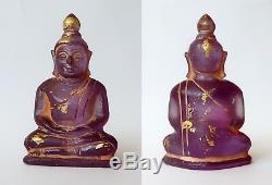 Ancien bouddha en cristal de roche violet traces dorure Laos
