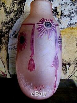 Ancien grand vase pâte de verre décors dégagés à l'acide signé Legras rubis 30cm