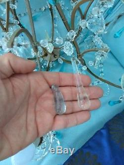 Ancien lustre à pampilles bleues cristal verre de murano 6 feux
