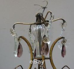 Ancien lustre cage pampilles cristal couleur violet transparent verre laiton