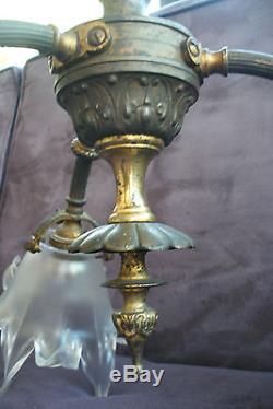 Ancien lustre en bronze et tulipe verre empire période Art Déco