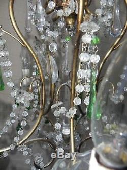 Ancien lustre pampille murano cristal, verre souffle 1900, pampille perle verte
