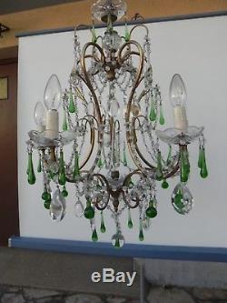 Ancien lustre pampille murano cristal, verre souffle 1900, pampille perle verte