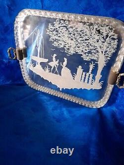 Ancien plateau en verre italie miroir venise murano décor scène galante