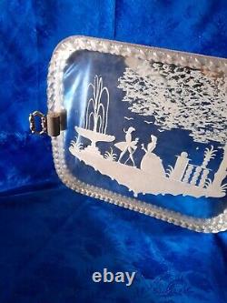 Ancien plateau en verre italie miroir venise murano décor scène galante