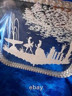 Ancien plateau en verre italie miroir venise murano décor scène galante
