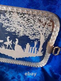 Ancien plateau en verre italie miroir venise murano décor scène galante
