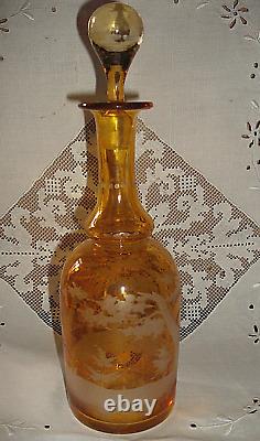 Ancien service carafe et 8 verres en cristal de bohème ambré gravés
