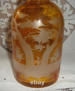 Ancien service carafe et 8 verres en cristal de bohème ambré gravés