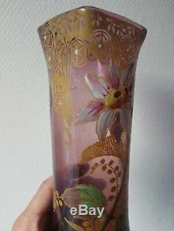 Ancien vase En Verre Émaillé Mont Joye St Denis Legras old vase flower