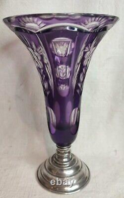 Ancien vase cornet en cristal taillé, base en argent massif Hongrie-Autriche