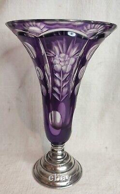 Ancien vase cornet en cristal taillé, base en argent massif Hongrie-Autriche
