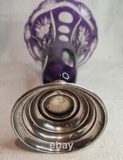 Ancien vase cornet en cristal taillé, base en argent massif Hongrie-Autriche