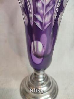 Ancien vase cornet en cristal taillé, base en argent massif Hongrie-Autriche