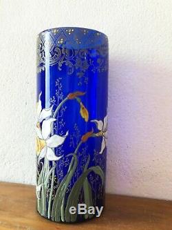 Ancien vase émaillé verre bleu décor fleurs orchidée Montjoye LEGRAS
