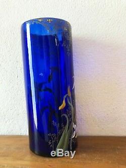 Ancien vase émaillé verre bleu décor fleurs orchidée Montjoye LEGRAS