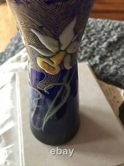 Ancien vase émaillé verre bleu décor fleurs orchidée Montjoye LEGRAS a determine