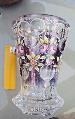 Ancien vase en cristal émaillé décor de fleurs début 20 ème