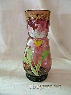 Ancien vase en verre émaillé LEGRAS PANTIN -Rare décor d' orchidée -27,5cm -TBE