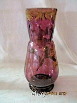 Ancien vase en verre émaillé LEGRAS PANTIN -Rare décor d' orchidée -27,5cm -TBE