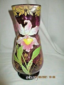 Ancien vase en verre émaillé LEGRAS Rare décor d' orchidée et feuillage or 27,5