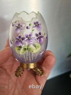 Ancien vase uf Émaillé décor violettes monté laiton chardons old Enamels 1900