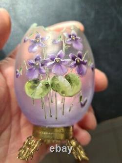 Ancien vase uf Émaillé décor violettes monté laiton chardons old Enamels 1900