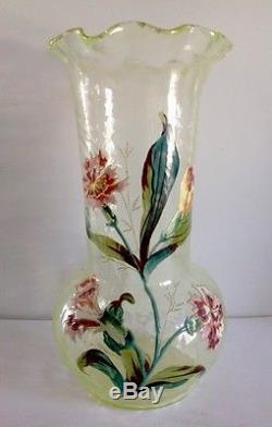 Ancien vase verre jaune émaillé, Art Nouveau, oeillet, Legras Montjoye Daum Gallé