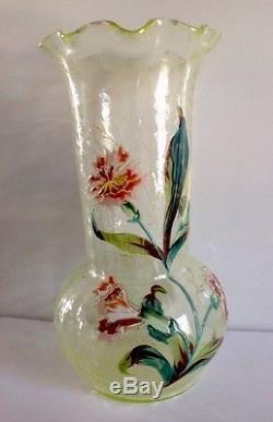 Ancien vase verre jaune émaillé, Art Nouveau, oeillet, Legras Montjoye Daum Gallé