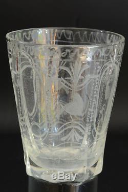 Ancien verre Soufflé 18ème rare GRAVURE RUBANS ET OISEAUX À PANS COUPÉ Glass