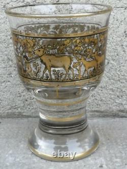 Ancien verre coupe cristal dorure décor animaux enfants gold crystal bohemian