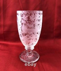 Ancien verre sur pied cristal de bohème Décor gravé cerf oiseau XIX eme 14,7 cm