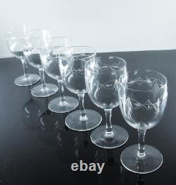 Ancienne 6 Verres A Vin En Cristal Grave Et Taille A La Main Nancy France