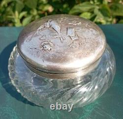 Ancienne Bonbonniere En Argent Massif Et Cristal Decor Oiseau Lettres Dn3104