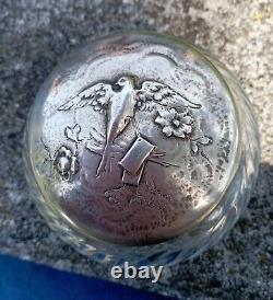 Ancienne Bonbonniere En Argent Massif Et Cristal Decor Oiseau Lettres Dn3104