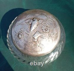 Ancienne Bonbonniere En Argent Massif Et Cristal Decor Oiseau Lettres Dn3104