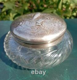 Ancienne Bonbonniere En Argent Massif Et Cristal Decor Oiseau Lettres Dn3104