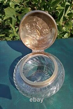 Ancienne Bonbonniere En Argent Massif Et Cristal Decor Oiseau Lettres Dn3104